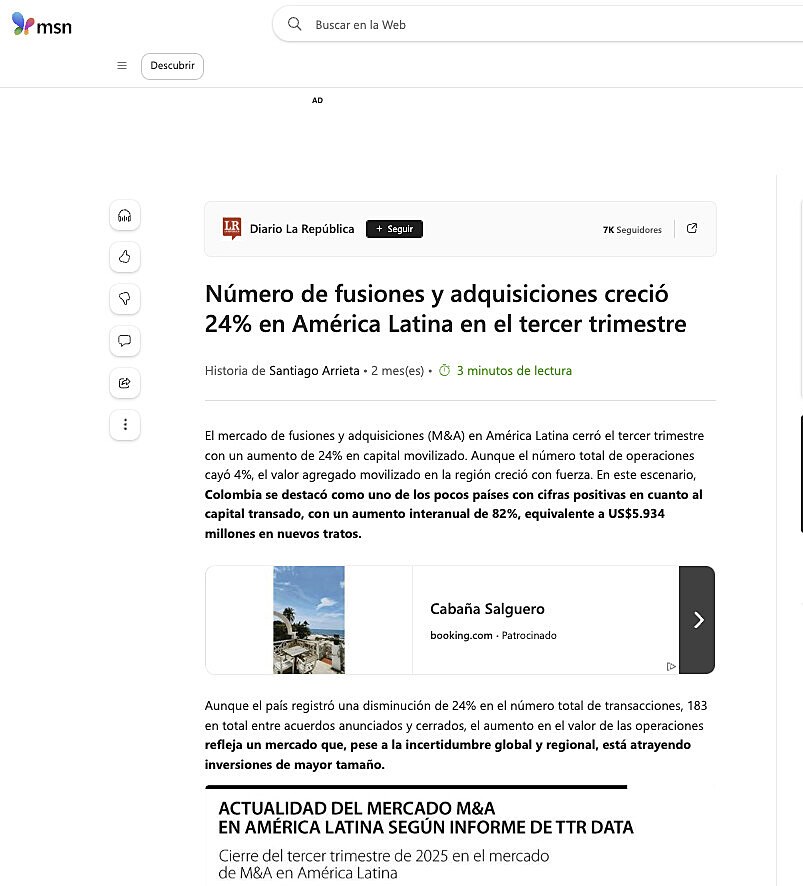 N�mero de fusiones y adquisiciones creci� 24% en Am�rica Latina en el tercer trimestre